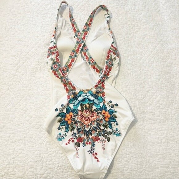Johnny Was Crossback One Piece White Floral Swimsuit XS NWT - Picture 8 of 8